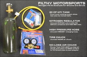 A photo of nitrogen fill kit components, a tank, hose, regulator, and tire chucks